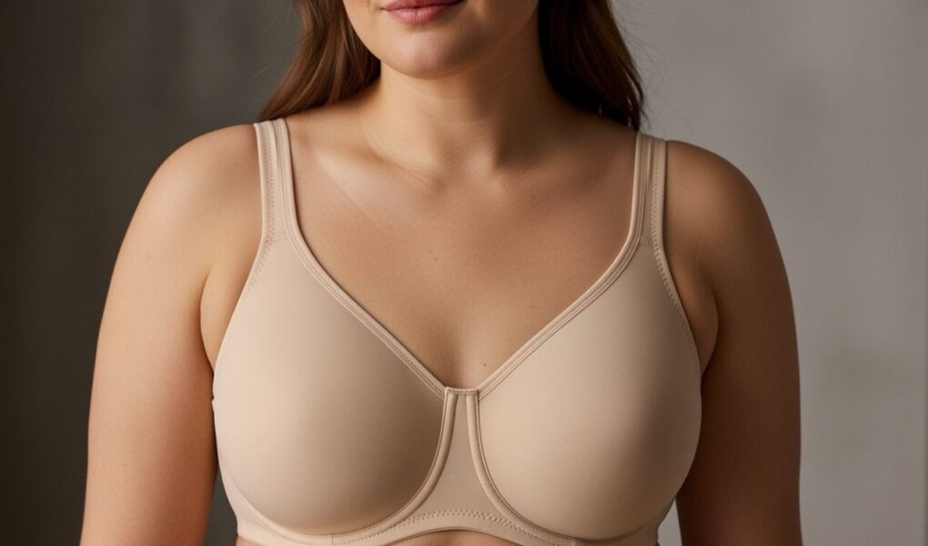 žena v béžovej podprsenke v príjemnej póze so zameraním na textúru látky a prirodzené svetlo