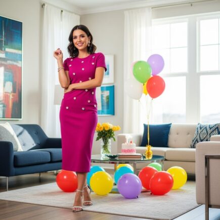 Mladá žena v modernom obývacej izbe v elegantnom outfite na narodeninovú oslavu, usmievajúca sa