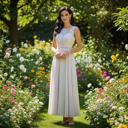 Elegantná žena v moderných šatách na svadbu stojaca v slnečnej záhrade s kvetmi a zeleňou.