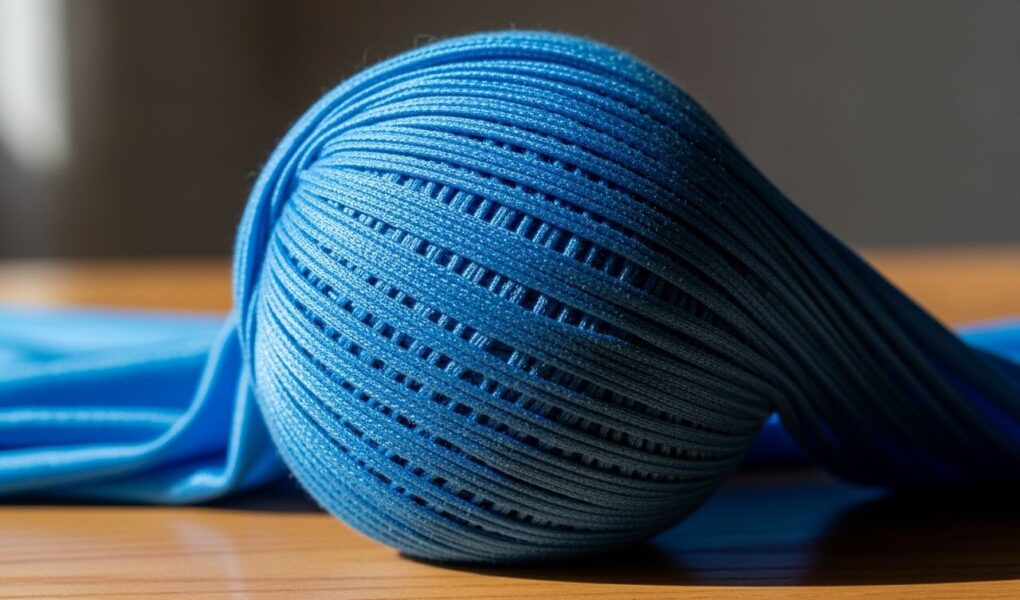 blízky záber elastanovej tkaniny modrej farby na drevenom stole s viditeľnou textúrou a pružnosťou