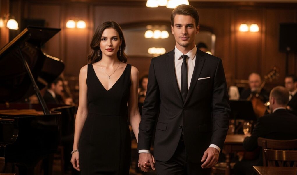 Elegantný pár ruka v ruke vstupuje do nostalgického jazz klubu s tmavým drevom a klavírom.