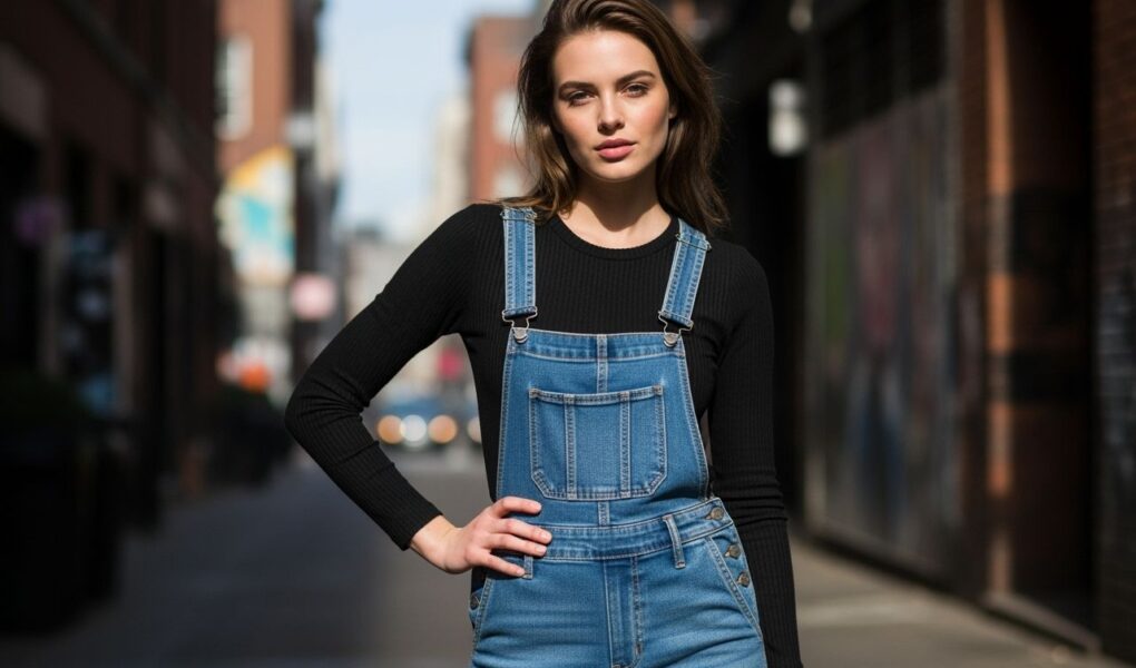 Mladá žena v džínsovom overale stojí v mestskom prostredí za denného svetla.