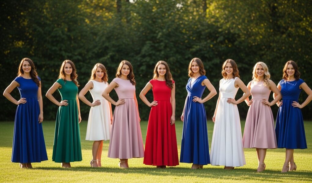 Skupina žien rôznych postáv v elegantných zavinovacích šatoch vonku s prírodným svetlom a zeleným pozadím