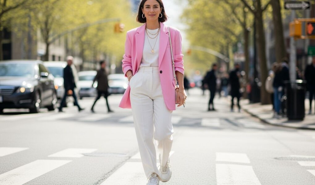 žena v pastelovom blejzri a bielych nohaviciach chodí mestskou ulicou na jar