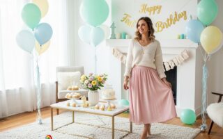 Mladá žena v obývačke počas oslavy prvých narodenín dieťaťa s balónmi a pastelovými dekoráciami