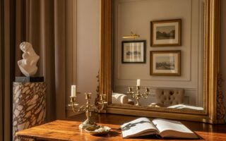 Klasický interiér s dreveným stolom, starožitným svietnikom a zrkadlom na béžovej stene.