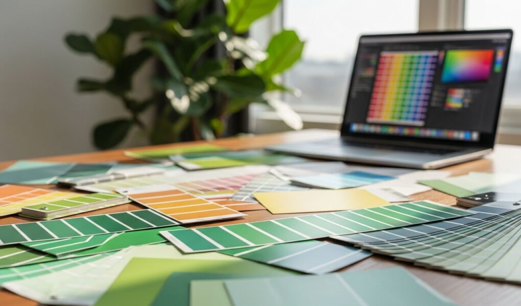 Detailné zobrazenie pracoviska dizajnéra s odtieňmi zelenej a farebnými vzorkami na drevenom stole