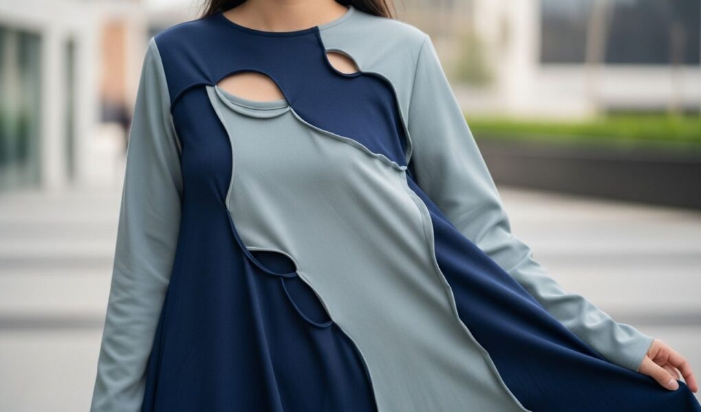 Blízky záber mladej ženy v jedinečných šatách s výraznými strihmi v mestskom prostredí.