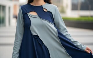 Blízky záber mladej ženy v jedinečných šatách s výraznými strihmi v mestskom prostredí.