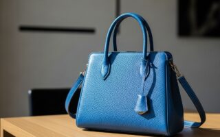 Modrá kožená kabelka na drevenom stole s jemným svetlom a rozostreným pozadím interiéru