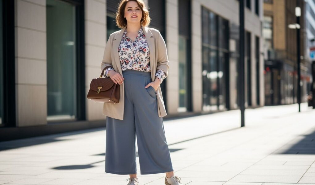 Sebavedomá plus size žena stojaca na mestskom ulici v pohodlnom každodennom oblečení.