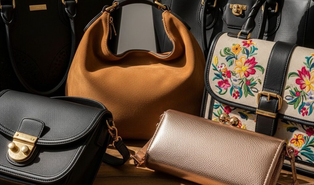 Rôzne štýly a materiály módnych kabeliek na drevenom stole pri prirodzenom svetle