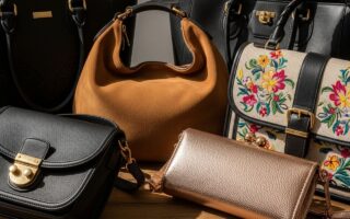 Rôzne štýly a materiály módnych kabeliek na drevenom stole pri prirodzenom svetle