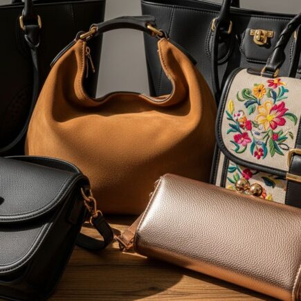 Rôzne štýly a materiály módnych kabeliek na drevenom stole pri prirodzenom svetle