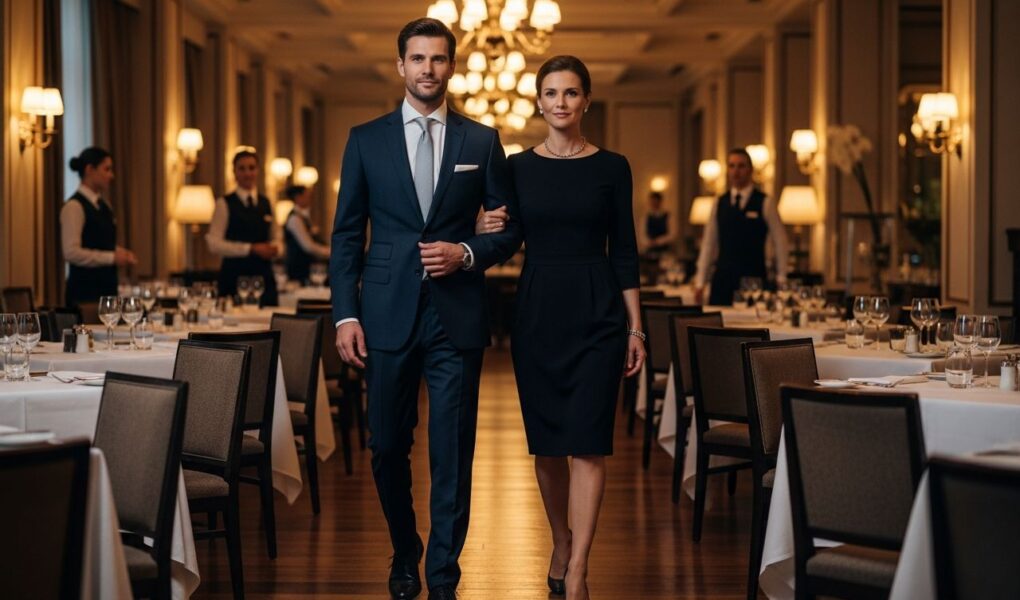 Elegantný pár v hoteli vchodí do jedálne s obsluhou a nastavovaným stolom.