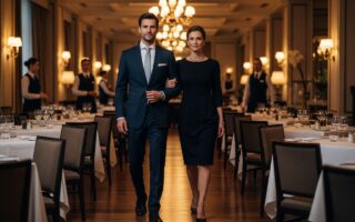 Elegantný pár v hoteli vchodí do jedálne s obsluhou a nastavovaným stolom.