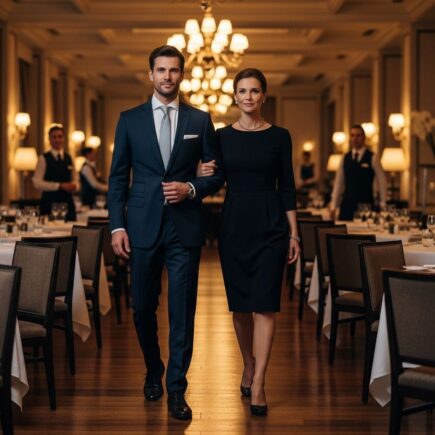 Elegantný pár v hoteli vchodí do jedálne s obsluhou a nastavovaným stolom.