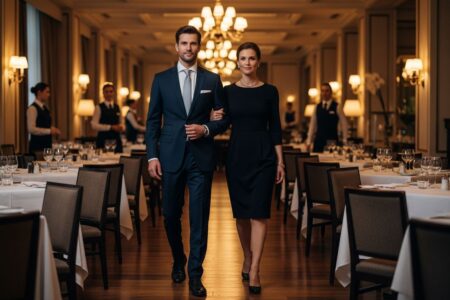 Elegantný pár v hoteli vchodí do jedálne s obsluhou a nastavovaným stolom.