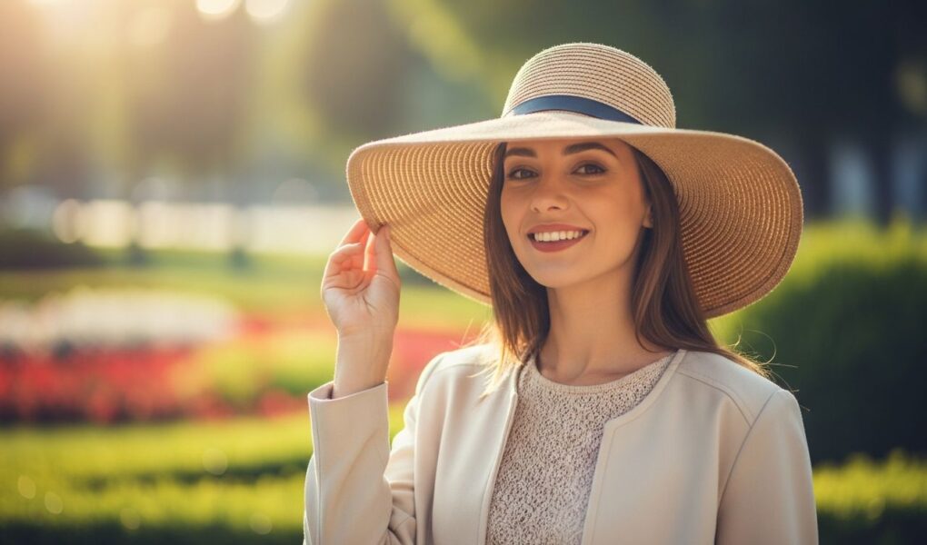 Žena v elegantnom klobúku usmieva sa v parku so zeleným pozadím za slnečného svetla