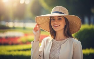Žena v elegantnom klobúku usmieva sa v parku so zeleným pozadím za slnečného svetla