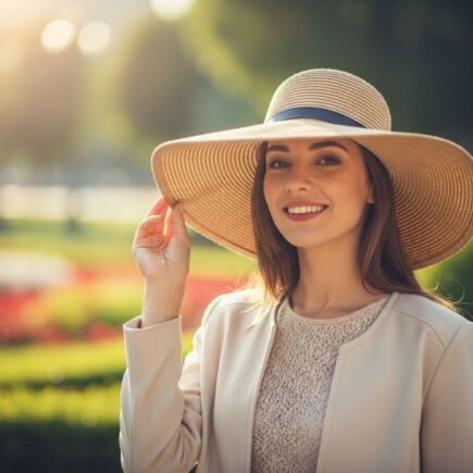 Žena v elegantnom klobúku usmieva sa v parku so zeleným pozadím za slnečného svetla