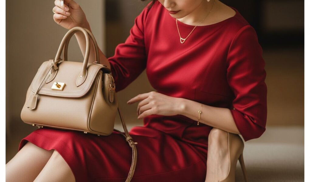 Žena v červenom šate s béžovými doplnkami a zlatými šperkami, detail oblečenia v interiéri.