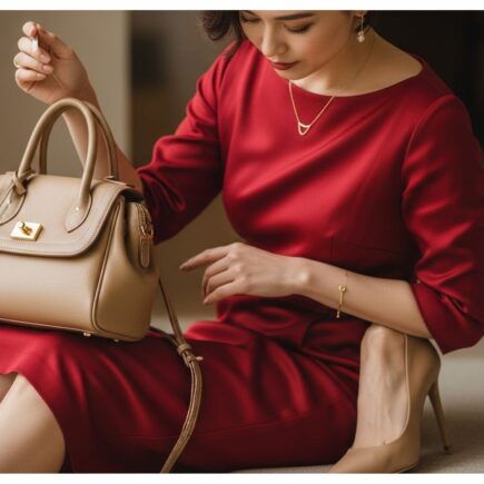 Žena v červenom šate s béžovými doplnkami a zlatými šperkami, detail oblečenia v interiéri.