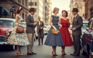 Skupina ľudí v odevoch z 50. rokov na ulici s klasickými autami, zachytávajúca módu a atmosféru éry.