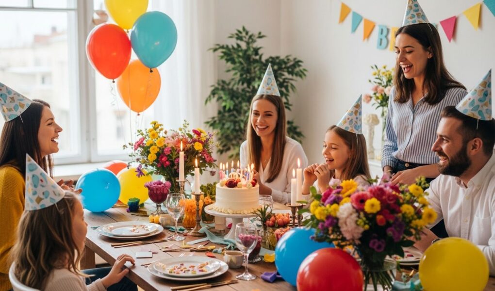 Narodeninová oslava s balónmi, kvetmi, tortou a usmievajúcimi sa ľuďmi v útulnej izbe.