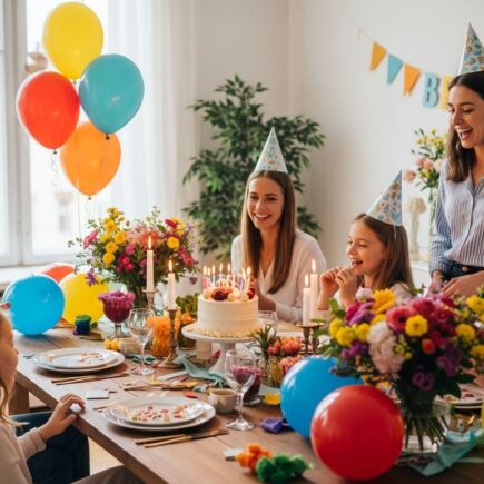 Narodeninová oslava s balónmi, kvetmi, tortou a usmievajúcimi sa ľuďmi v útulnej izbe.