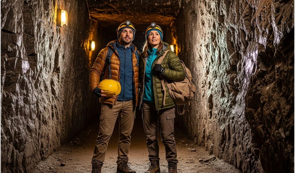 Turistický pár pri vchode do soľnej bane Wieliczka s helmou a batohom v podzemnej jaskyni