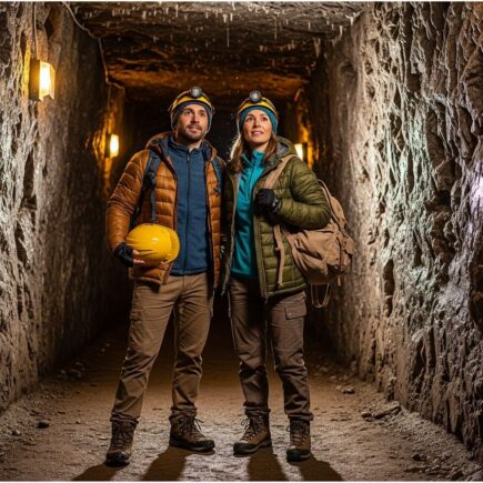 Turistický pár pri vchode do soľnej bane Wieliczka s helmou a batohom v podzemnej jaskyni
