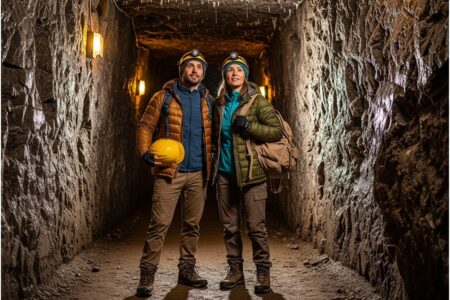 Turistický pár pri vchode do soľnej bane Wieliczka s helmou a batohom v podzemnej jaskyni