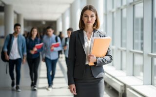 Mladá profesionálka v modernom univerzitnom chodbe drží spis, iní študenti v pozadí.