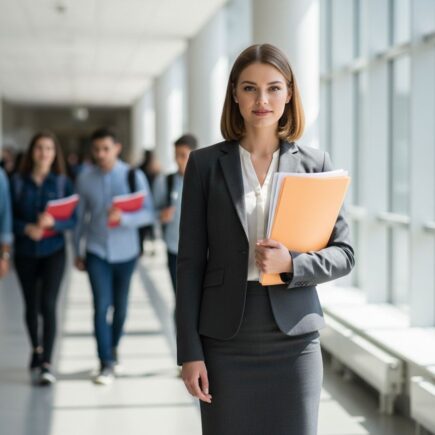 Mladá profesionálka v modernom univerzitnom chodbe drží spis, iní študenti v pozadí.