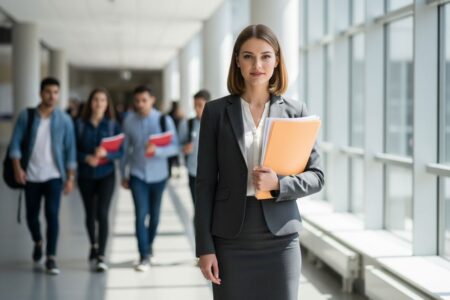 Mladá profesionálka v modernom univerzitnom chodbe drží spis, iní študenti v pozadí.