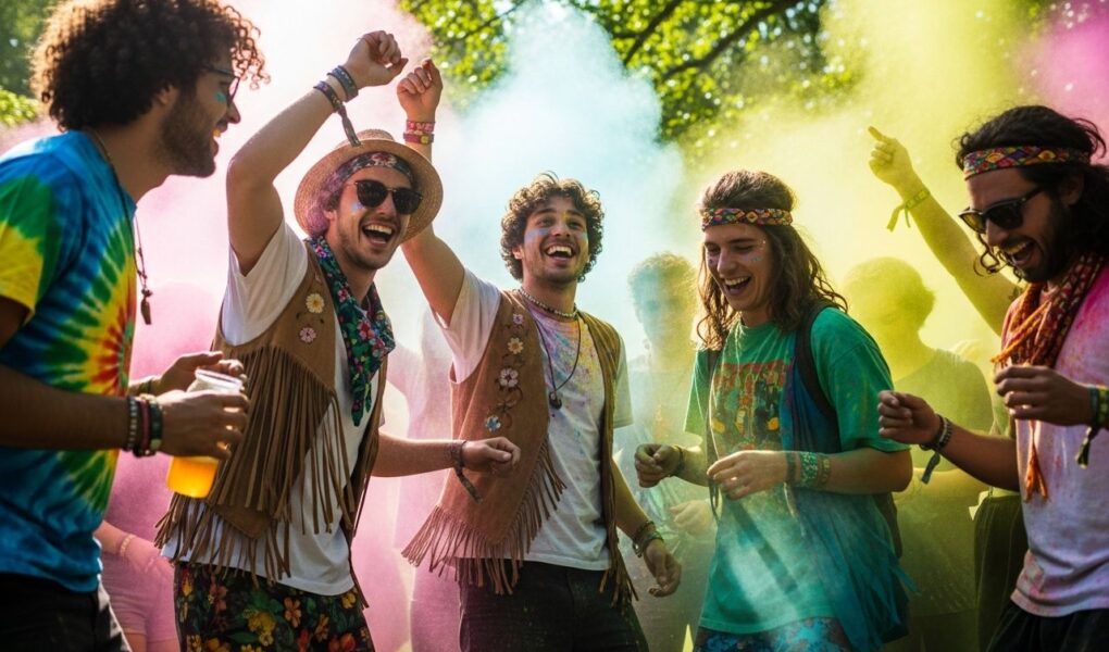 Mladí ľudia tancujú a smejú sa na vonkajšom hudobnom festivale v obklopení farebného prášku.