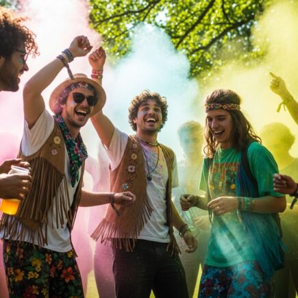 Mladí ľudia tancujú a smejú sa na vonkajšom hudobnom festivale v obklopení farebného prášku.