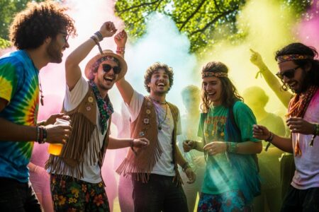 Mladí ľudia tancujú a smejú sa na vonkajšom hudobnom festivale v obklopení farebného prášku.