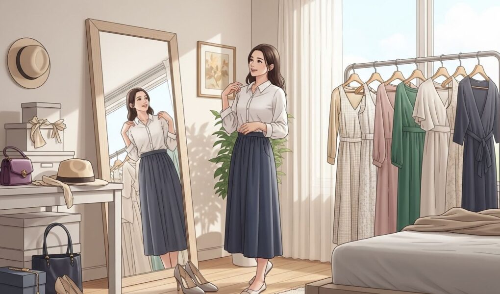 Mladá žena skúša elegantné šaty pred zrkadlom v modernej spálni s doplnkami na stole.