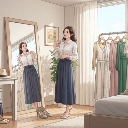 Mladá žena skúša elegantné šaty pred zrkadlom v modernej spálni s doplnkami na stole.
