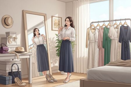 Mladá žena skúša elegantné šaty pred zrkadlom v modernej spálni s doplnkami na stole.