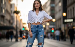 Mladá žena v denim boyfriend rifle stojaca na mestskej ulici počas zlatého hodín.
