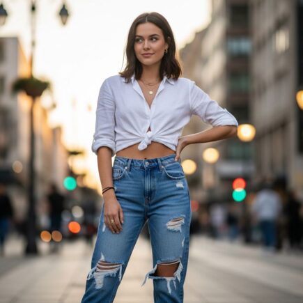Mladá žena v denim boyfriend rifle stojaca na mestskej ulici počas zlatého hodín.