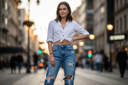 Mladá žena v denim boyfriend rifle stojaca na mestskej ulici počas zlatého hodín.