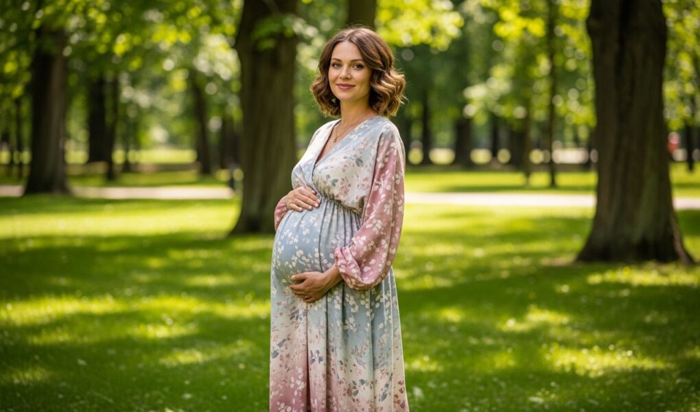 Tehotná žena v pohodlnom oblečení stojí vonku v parku, usmieva sa a drží bruško.