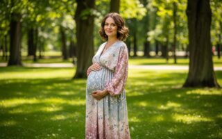 Tehotná žena v pohodlnom oblečení stojí vonku v parku, usmieva sa a drží bruško.