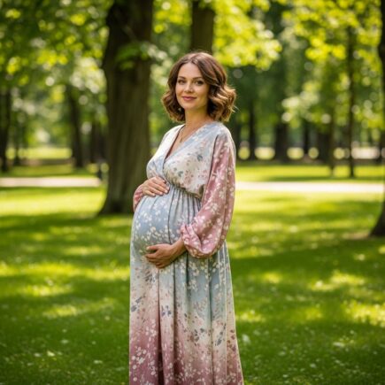 Tehotná žena v pohodlnom oblečení stojí vonku v parku, usmieva sa a drží bruško.