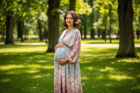 Tehotná žena v pohodlnom oblečení stojí vonku v parku, usmieva sa a drží bruško.