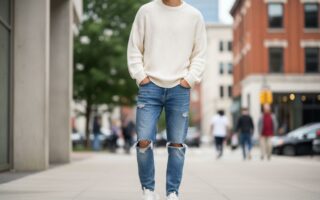 mladý muž v trendových poškodených boyfriend džínsoch stojaci vonku v mestskom prostredí počas dňa